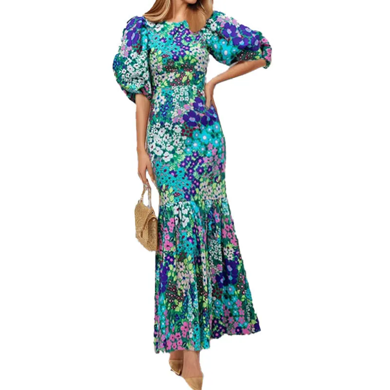 Elegant Blue Flower Print Lantern Sleeve And Ankle Fishtail Dress 2023 Summer Slim Bodycon O-neck Pastoral Style Party Dress
