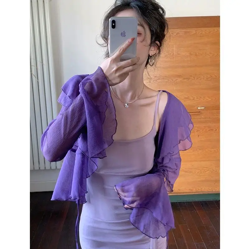 

Ele Vintage Long Sve Women's Sun Protection irt Sli Design Unique Beau Top for Summer Commute Korean Sle Sli...