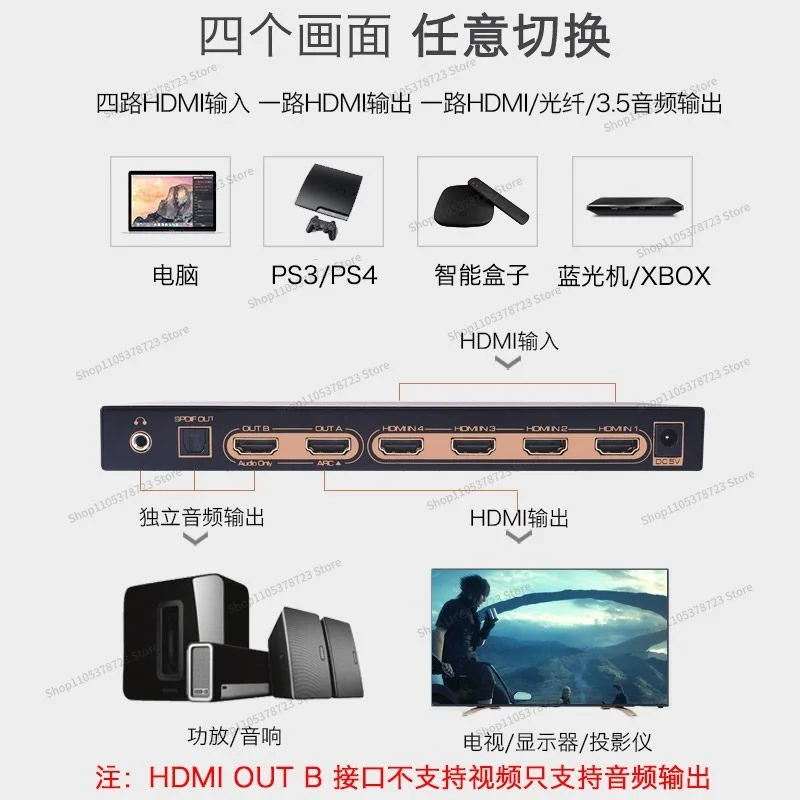 For 2.1 HDMI Switcher 4 in 1 Out Audio Splitter 7.1 Channel 4K120hz