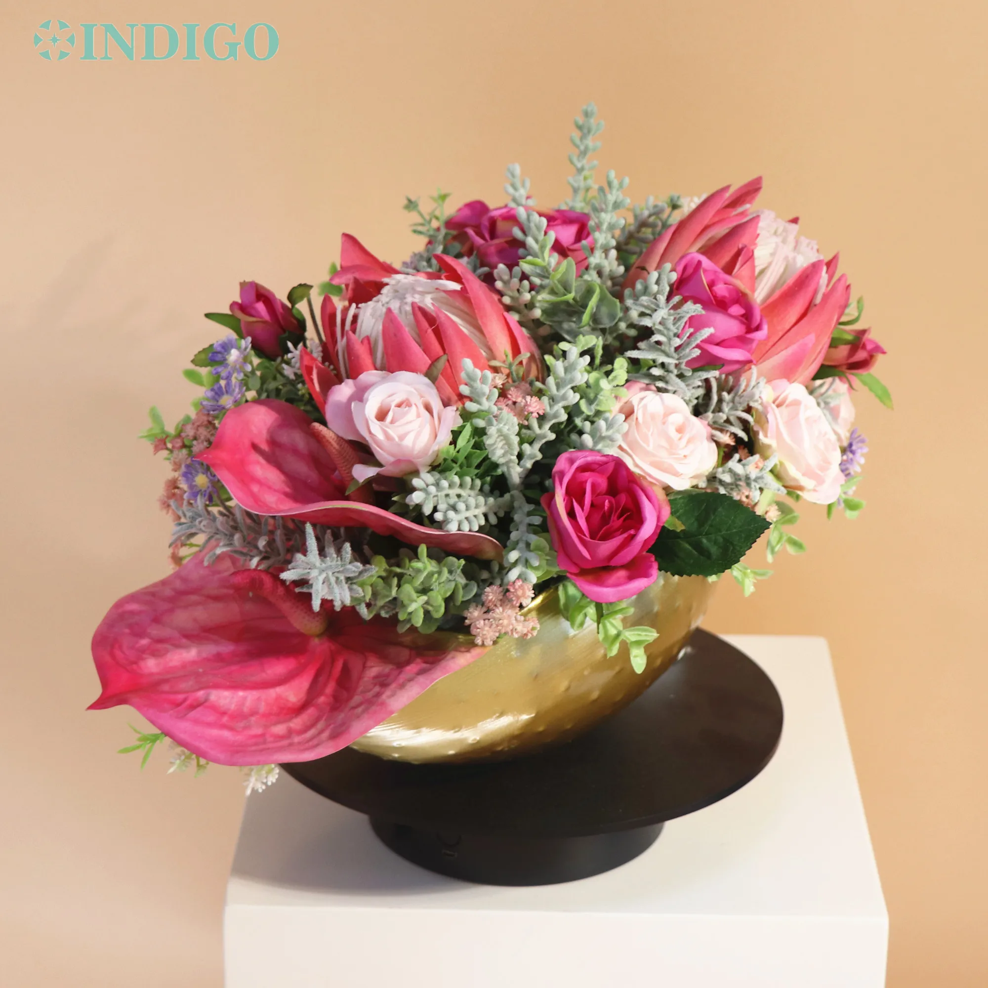 

Centerpiece Pink Protea Cynaroides, Bonsai with Pot, Tea Rose, Artificial Flower, Table Arrangment, Party Event, INDIGO Designed