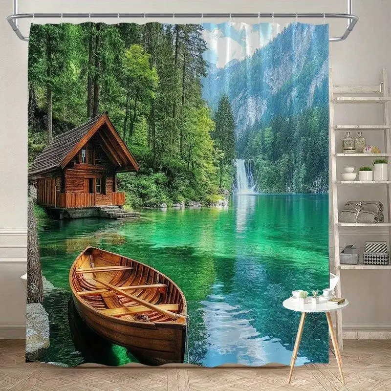 

Waterproof Polyester Shower Curtain Nature Landscape Waterfall Forest Cabin Print Bathroom Decor Scenic Shower Curtain Bath Curt