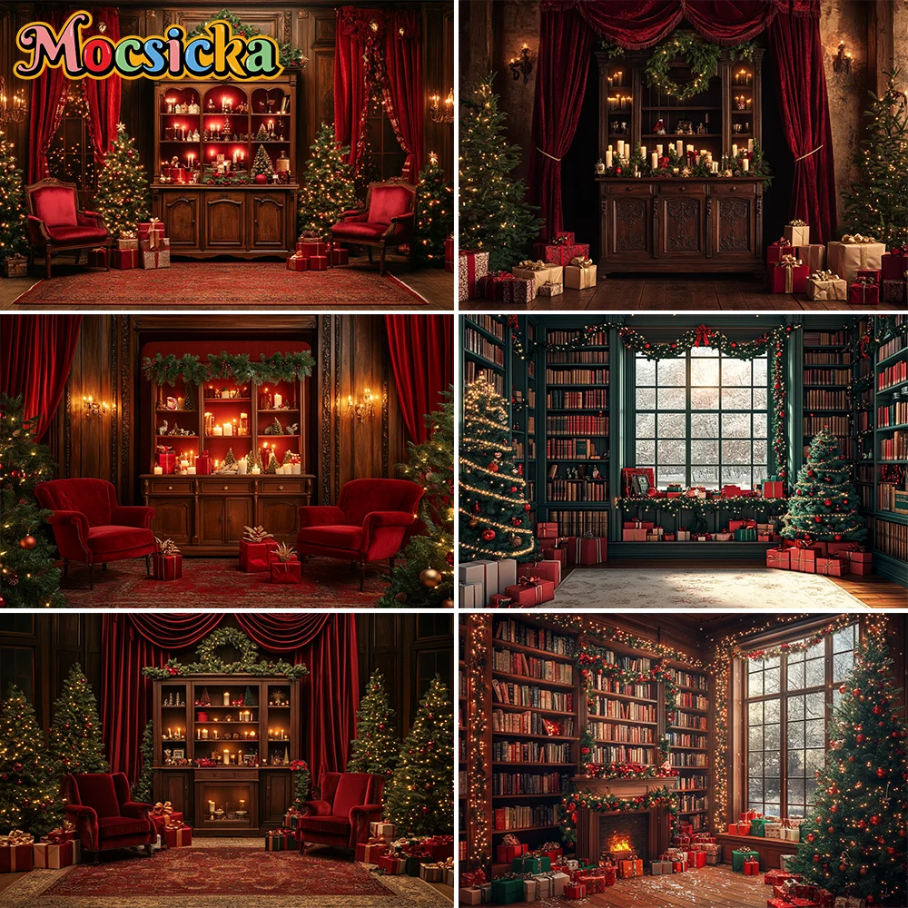 Vintage Christmas Indoor Room Photo Backdrop Xmas Cabinet Chair Curtain Gift Tree Decor Background Studio Shooting Party Props