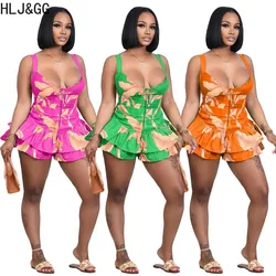 HLJ&GG Summer New Printing Ruffle Design Shorts Two Piece Sets Women Strap Sleeveless Lace Up Top And Shorts Outfits Streetwear