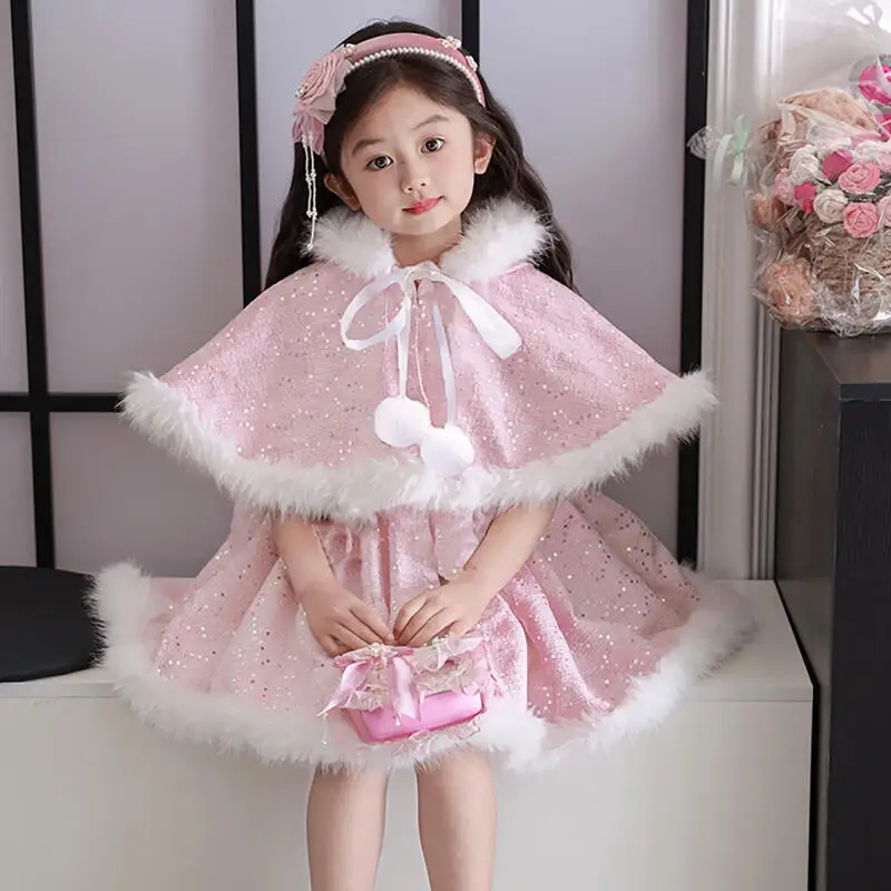 

Princess Style Winter Women's Dress Lolita Sweet Soft Plush Strapless Short Skirt Cloak Three-Piece Set Fresh Cute Fashion