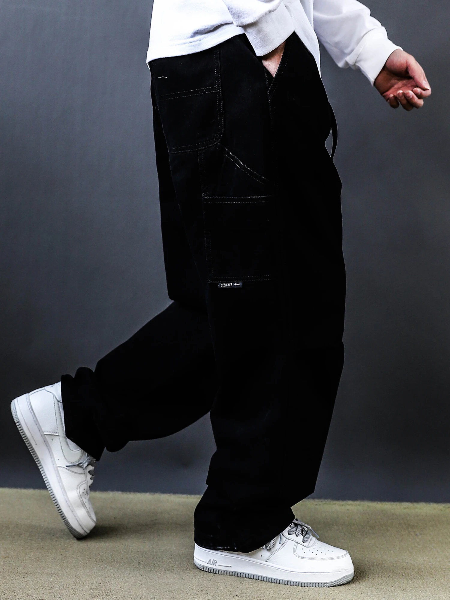 

Мужские хлопковые рабочие брюки свободного кроя, весна-осень, новинка, с высокой талией, прямые, длинные, большие размеры, черные