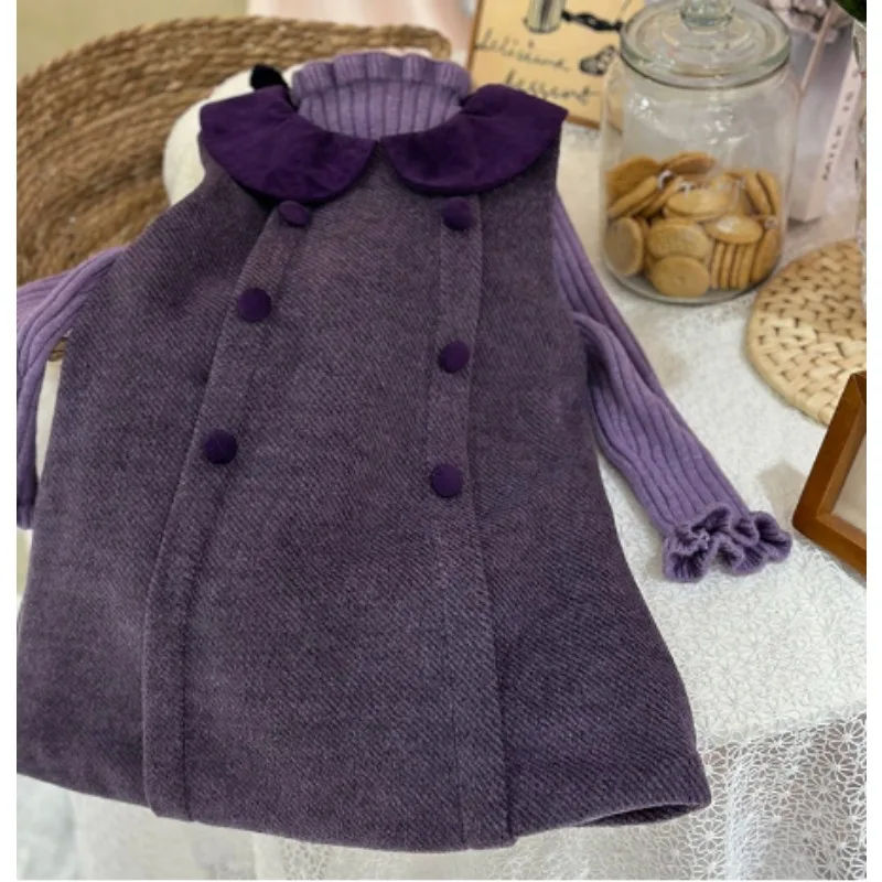 Girl's Autumn and Winter Purple Woolen Vest Dress, Small Fragrant Style Noble Baby Princess Dress