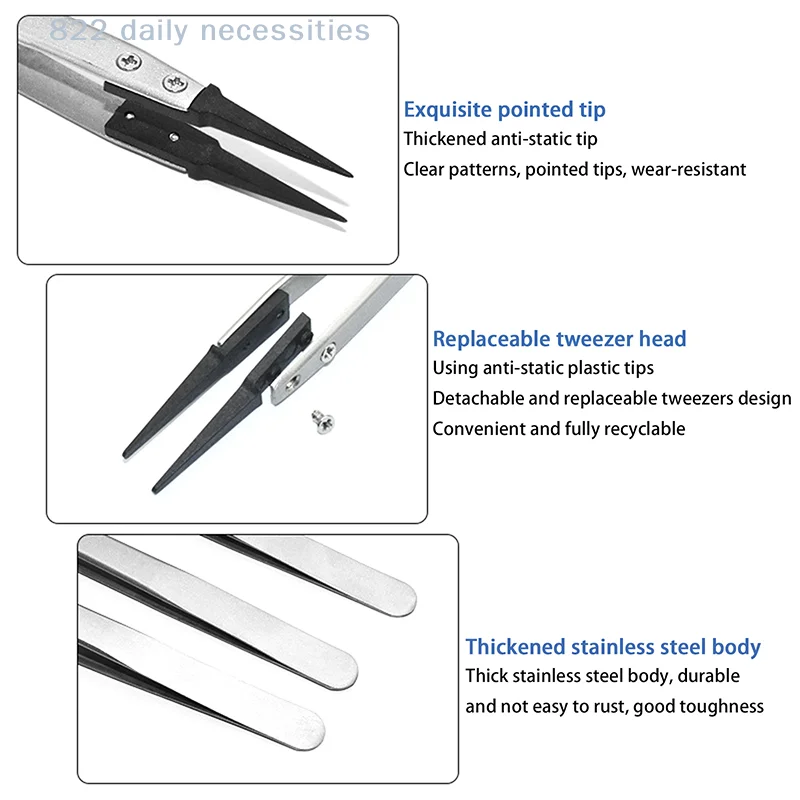 convenientAntistatic Tweezers, Plastic Tipped Tweezers, Electrician Tweezers Curved Flat Interchangeable Tip Antistatic Fixture