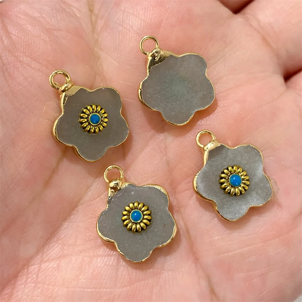 2PCS Retro Flower Natural Stone Rose Quartz & Amazonite Pendants