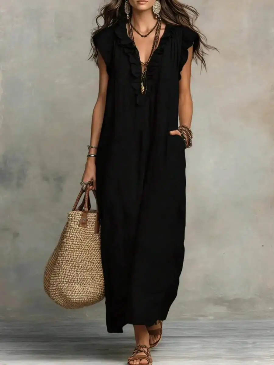 

Women Boho Maxi Dress Flowy Ruffle Sleeve V Neck Loose Fit Vacation Beach Style Lightweight Casual Resort Wear With Pockets
