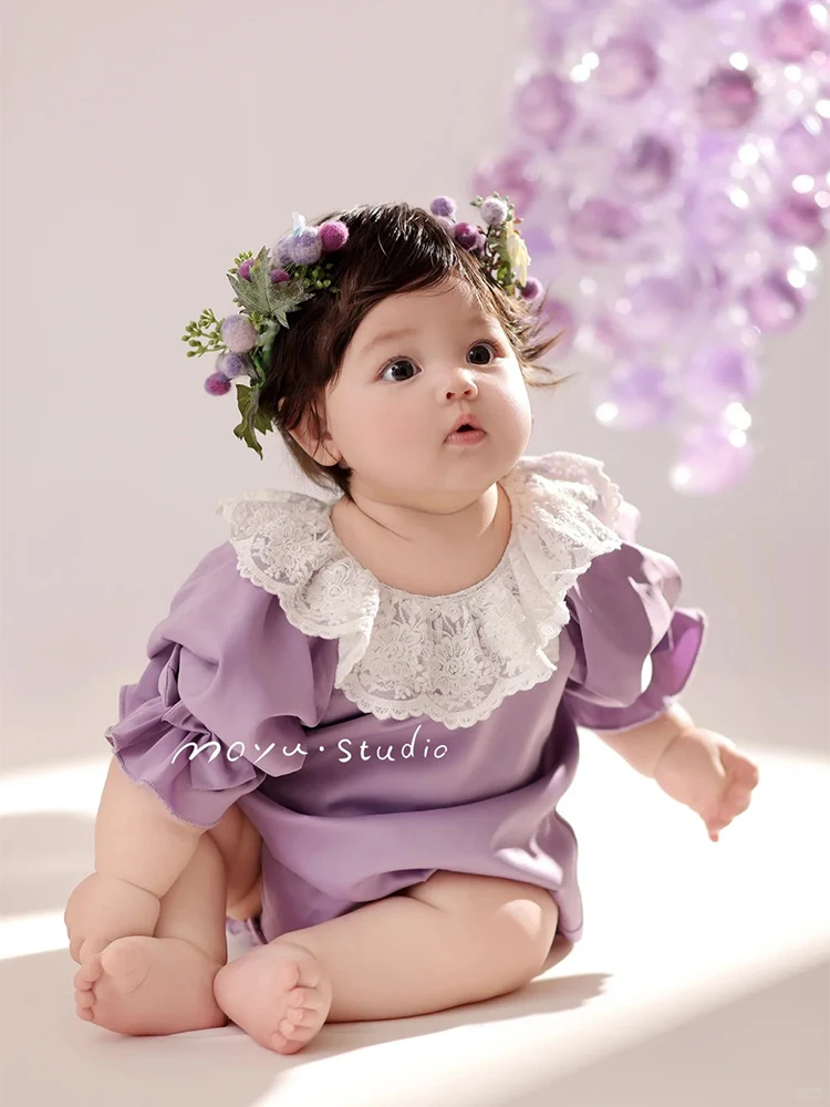 Infants Photography Props Outfit Lace Round Neck Purple Puff Sleeve Jumpsuit Studio Sweet Princess Style Artistic Photo Costumes