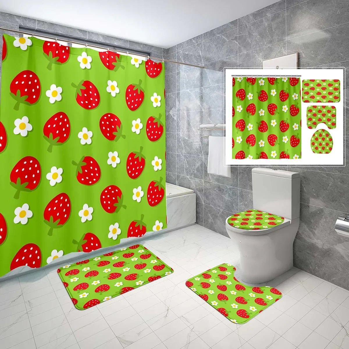 4 Sets Cartoon Strawberry Shower Curtain Sets with Non-Slip Bath Mat,Toilet Lid Cover and Cute Berry for Kids Shower Curtain Set