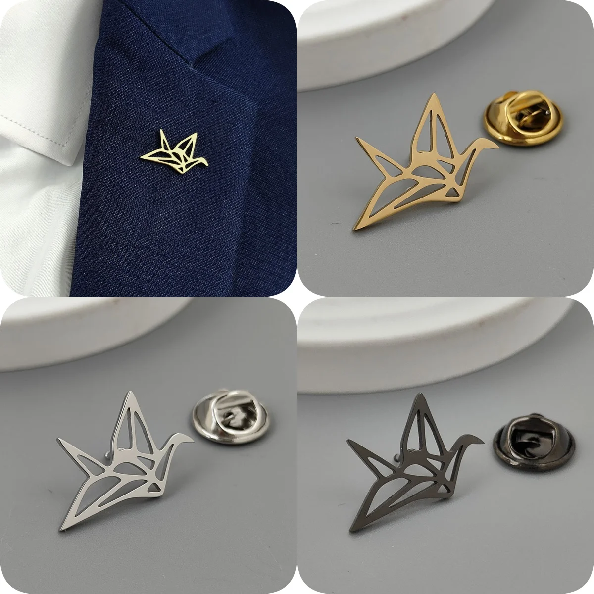 Origami crane shaped metal brooch/cufflinks, men's fashion stainless steel animal badge, women's elegant corsage.