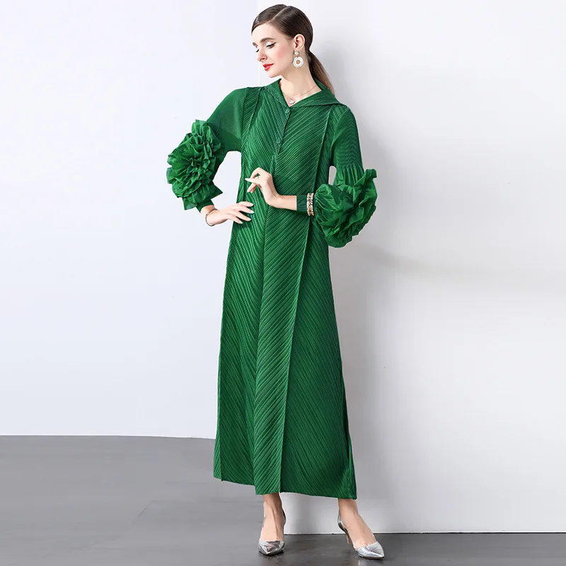 Sukienka plisowana Miyake damska 2025 nowa plisowana sukienka z długim rękawem modna trójwymiarowa kwiatowa temperamentna spódnica średniej długości