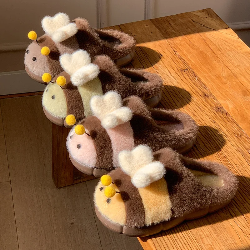 Cute Little Bee Slippers For Women Winter Warm Plush Fur House Shoes 3D Heart Wings Thick Platform Anti-Skid Indoor Home Bootie