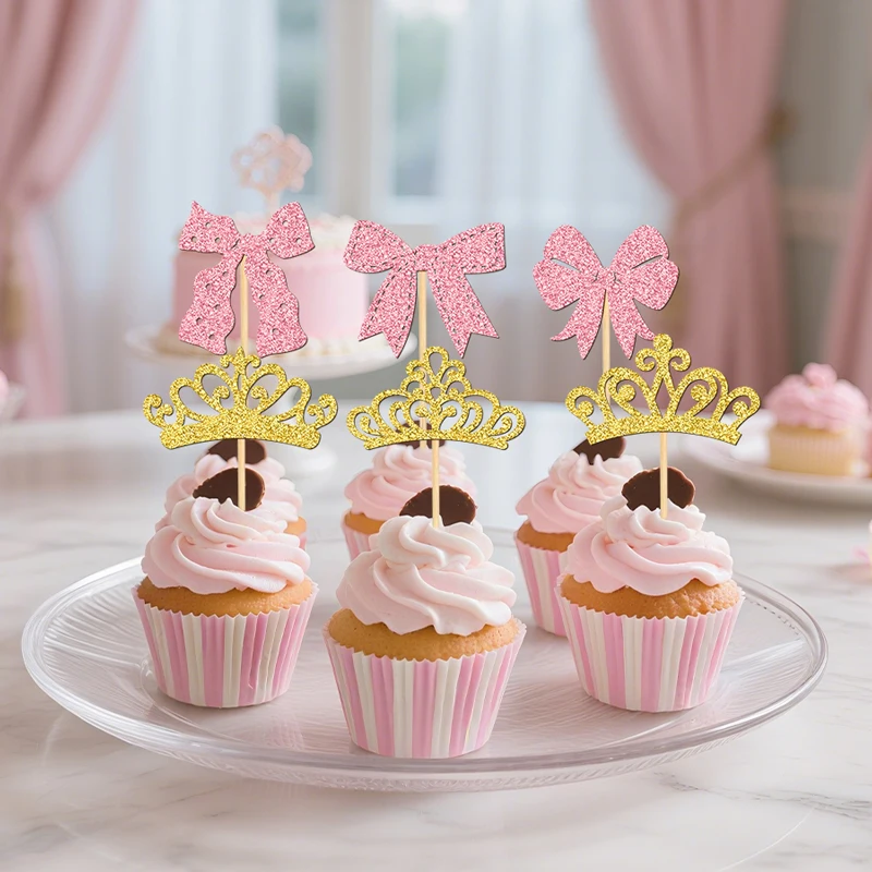 YOMDID 24 Stück elegante Cupcake-Topper, Krone und Schleife, Kuchendekoration, Prinzessin Cupcake-Picks für Geburtstag, Hochzeit, Kuchendekorationen – Detail 9