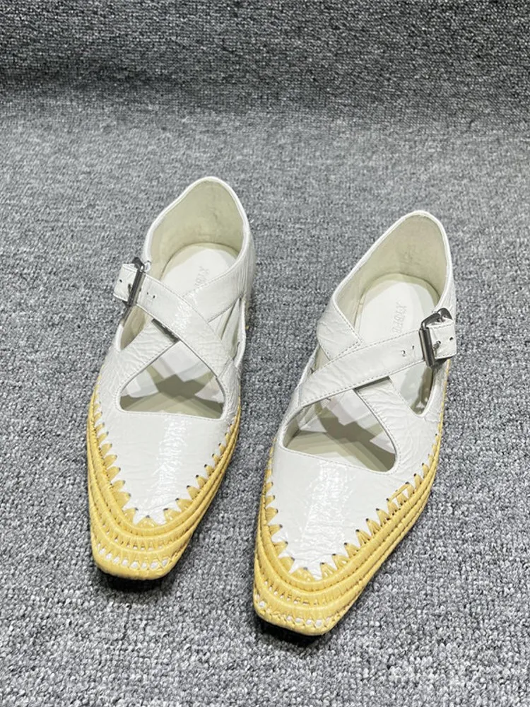 Spring Fashion Ladies Genuine Leather Comfortable Versatile Square Head Buckle Strap Solid Color Grass Woven Base Heel Sandals