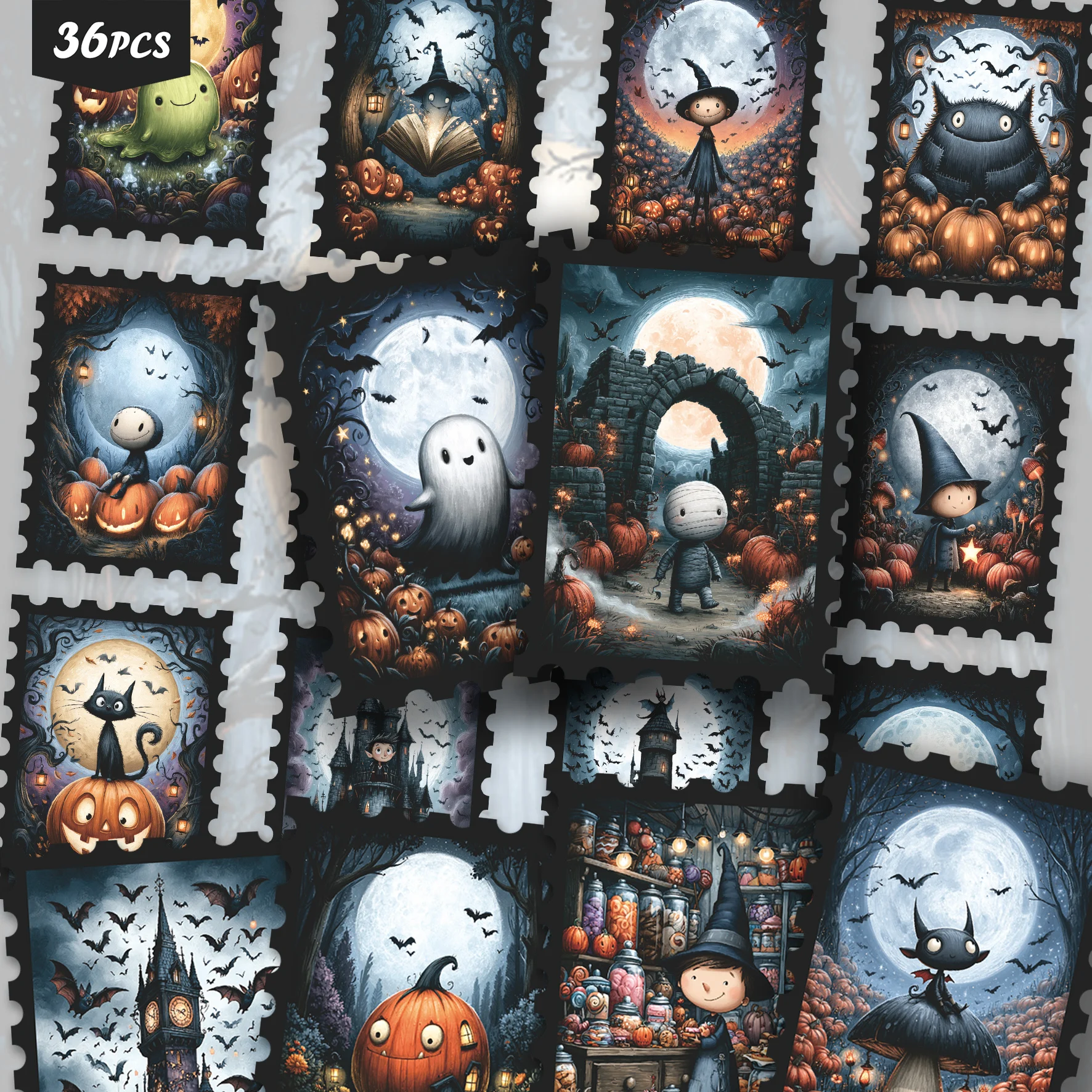 36PCS Cute Halloween Night Stickers, ghost pumpkin & witch motifs, moody festive aesthetic, ideal for tumblers, for pads and for
