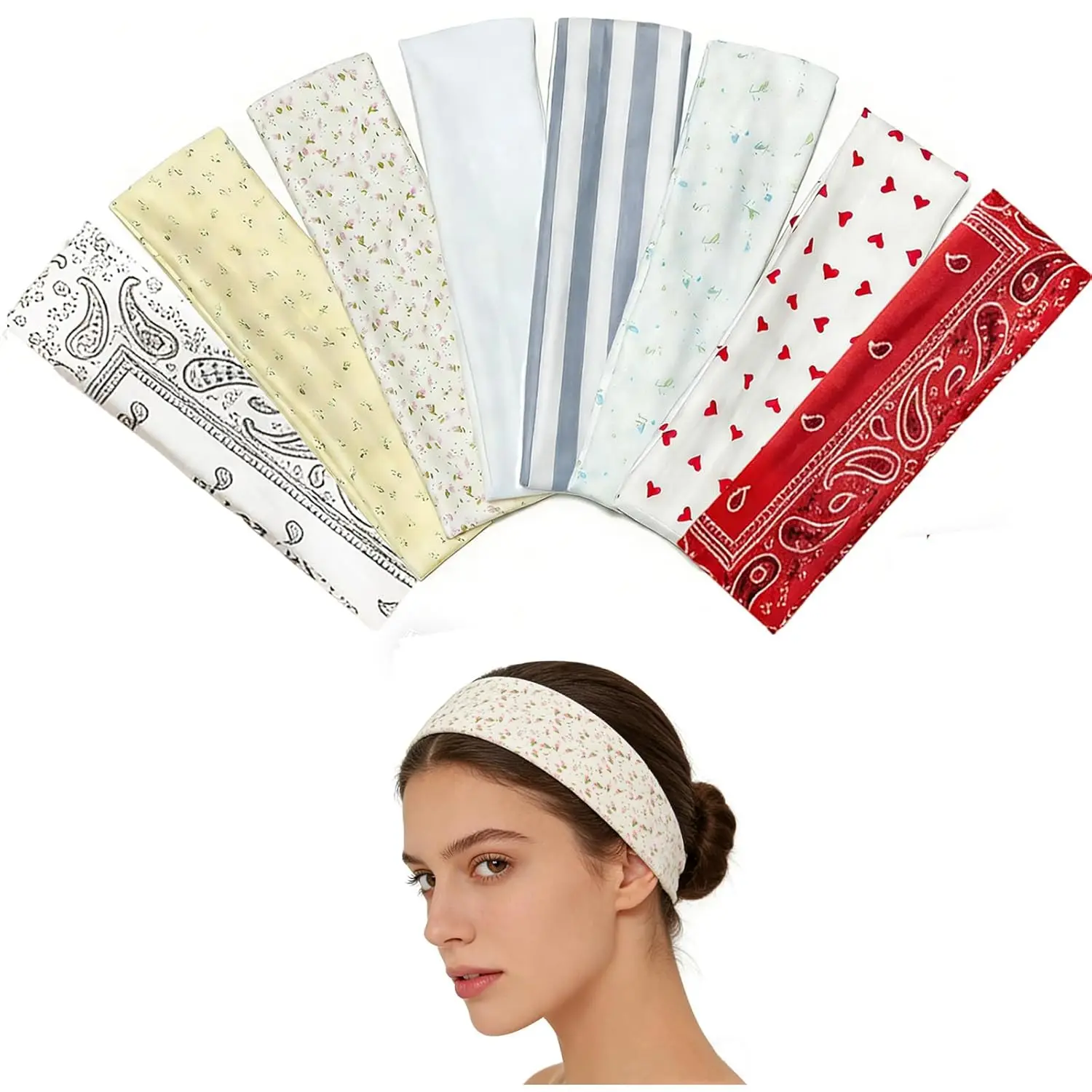 

Floral Headbands Non Slip Elastic Stretchy- 8 Pack Soft Fabric Cute Hair Bands,Wide Headwraps for Fashion, Workout & Casual