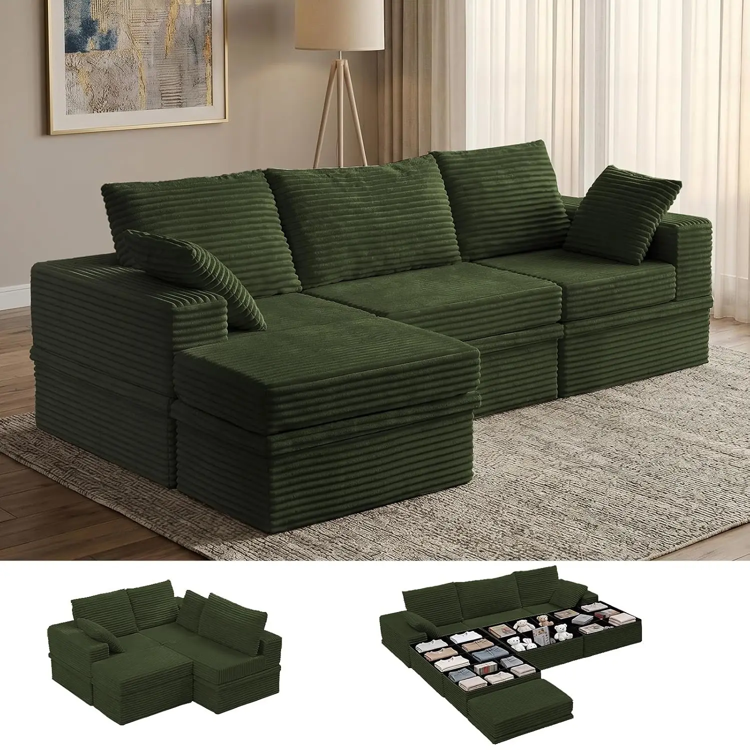 107'' L Shaped Modular Sectional Sofa, Boneless Couch with Storage, Custom