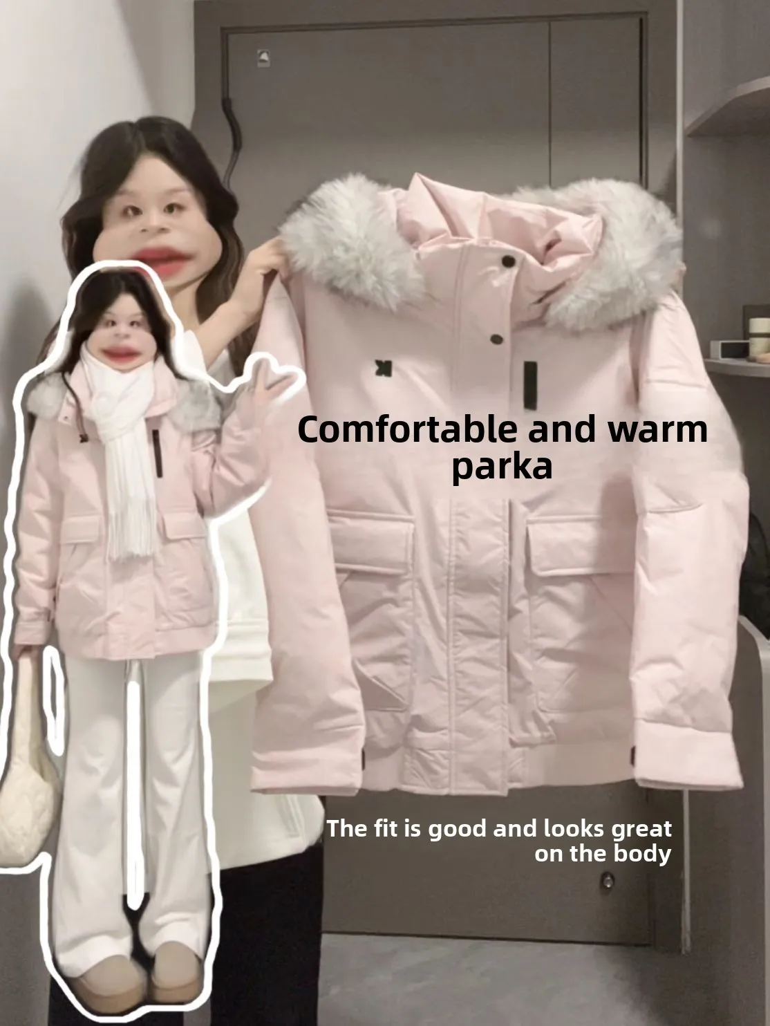 

Pink Thiened Winter Coat Women's Cotton Jaet with Large Fur Collar Korean Sle Long Sve Zipper Closure Warm Parka