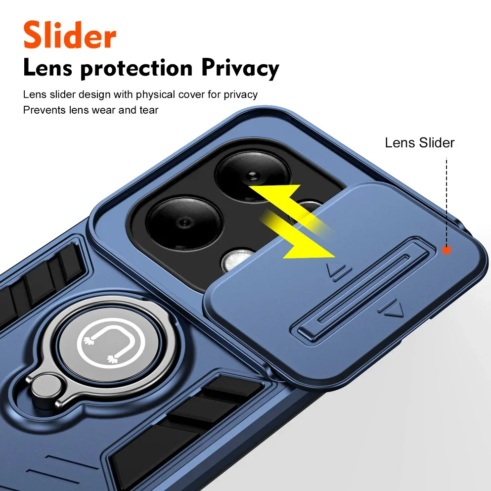 

Sliding Window Metal Finger Card Holder Protective case for POCO X6 Pro POCO M6 Pro X5 Pro M5S POCO C65 Bracket Cover