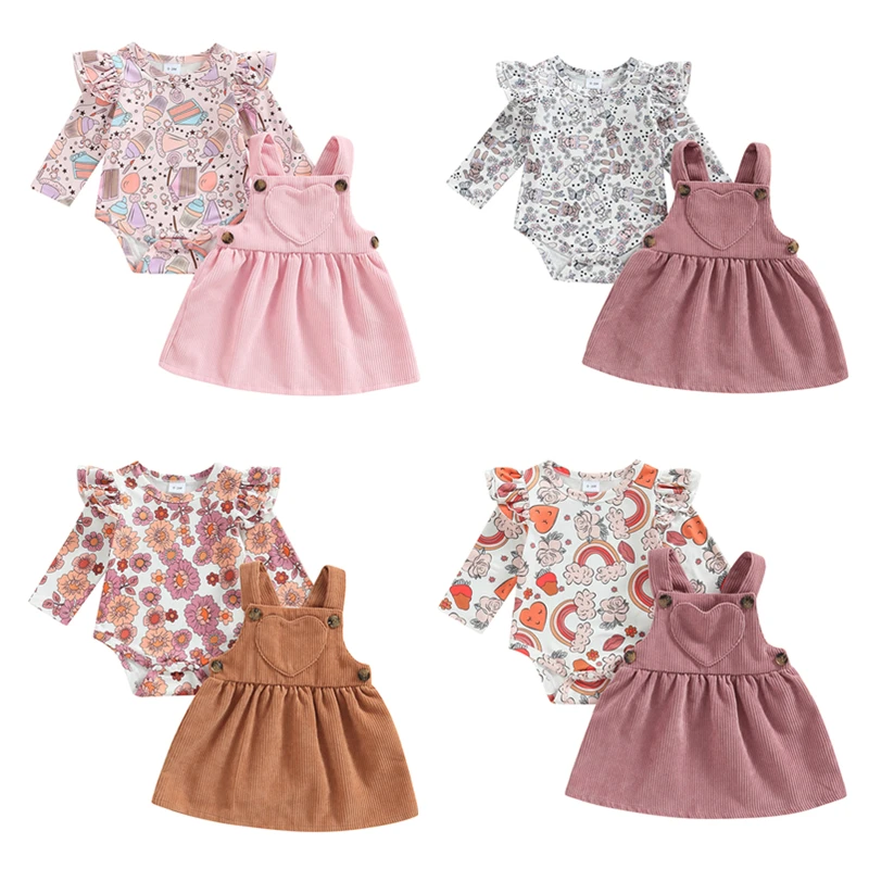 Baby Girl Clothes Set Long Sleeve Rabbit/Flower/Ice Cream/Rainbow Print Romper+ Heart Patchwork Suspender Dress Newborn Clothing