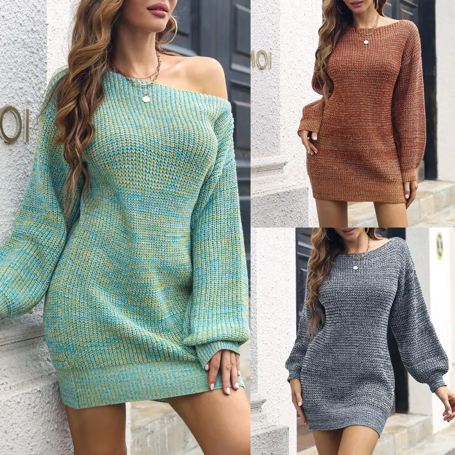 

New Fashion Women Green Loose Sweater Dress Autumn Winter Puff Long Sleeve Mini Ribbed Knit Dress Ladies Knitted O Neck Dresses