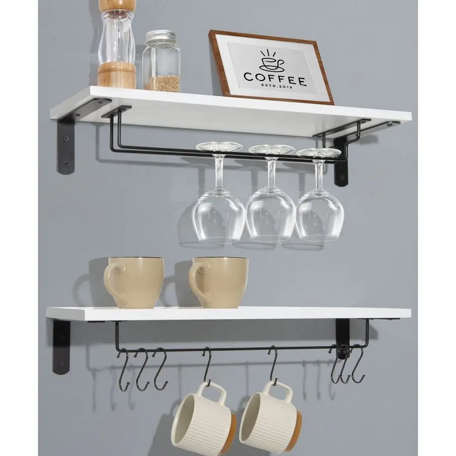 

Coffee Bar Shelf, 20 Inch Wall Mounted Shelves for Mugs amp Glasses, Floating Shelves with 8 Hooks, Coffee Cup Wall Holder, Set