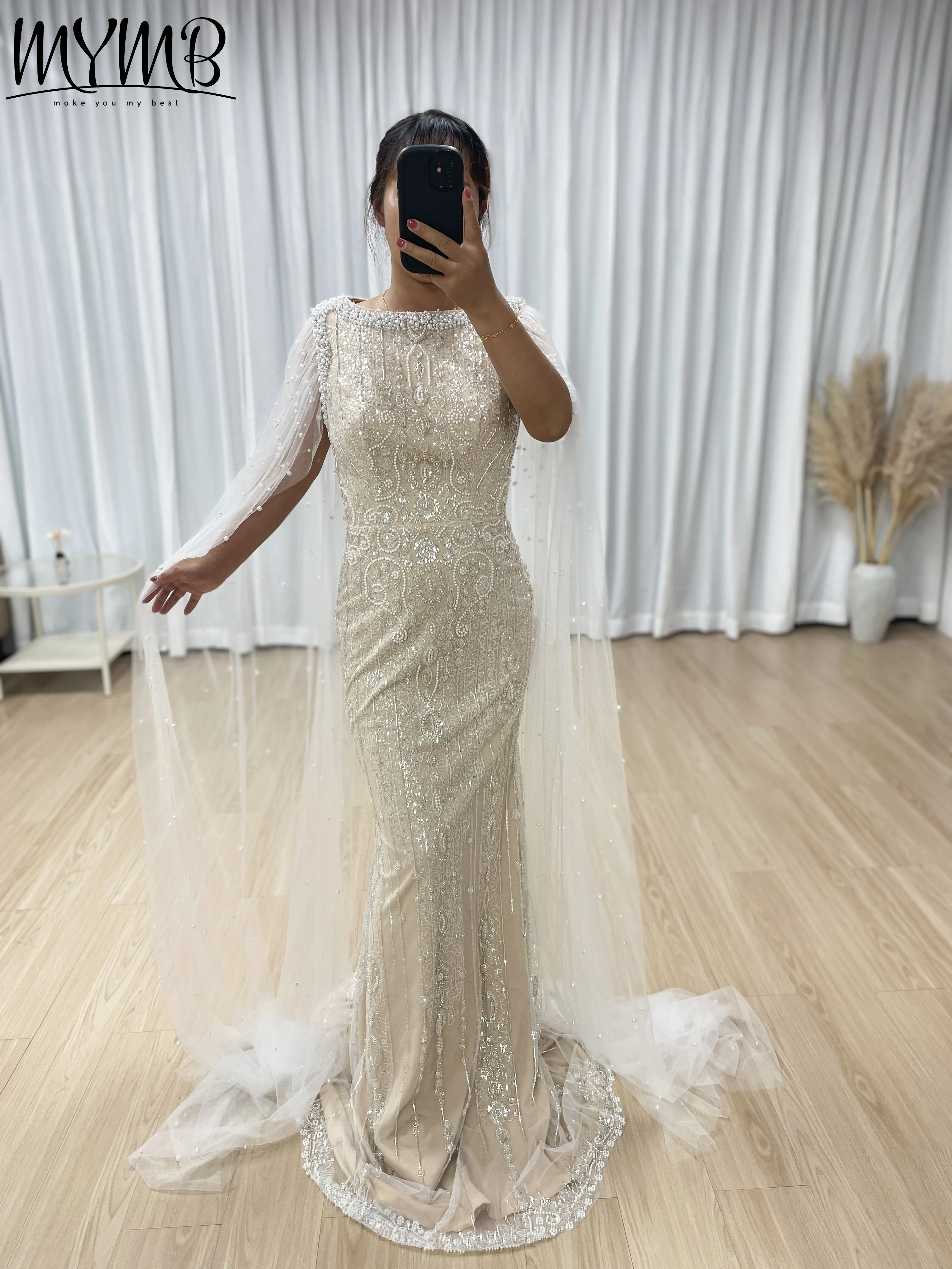 

MYMB Luxury Dubai White Nude Mermaid Evening Dress With Cape Sleeve For Women Wedding Bridal Arabic Bridal Party Gowns MB40369