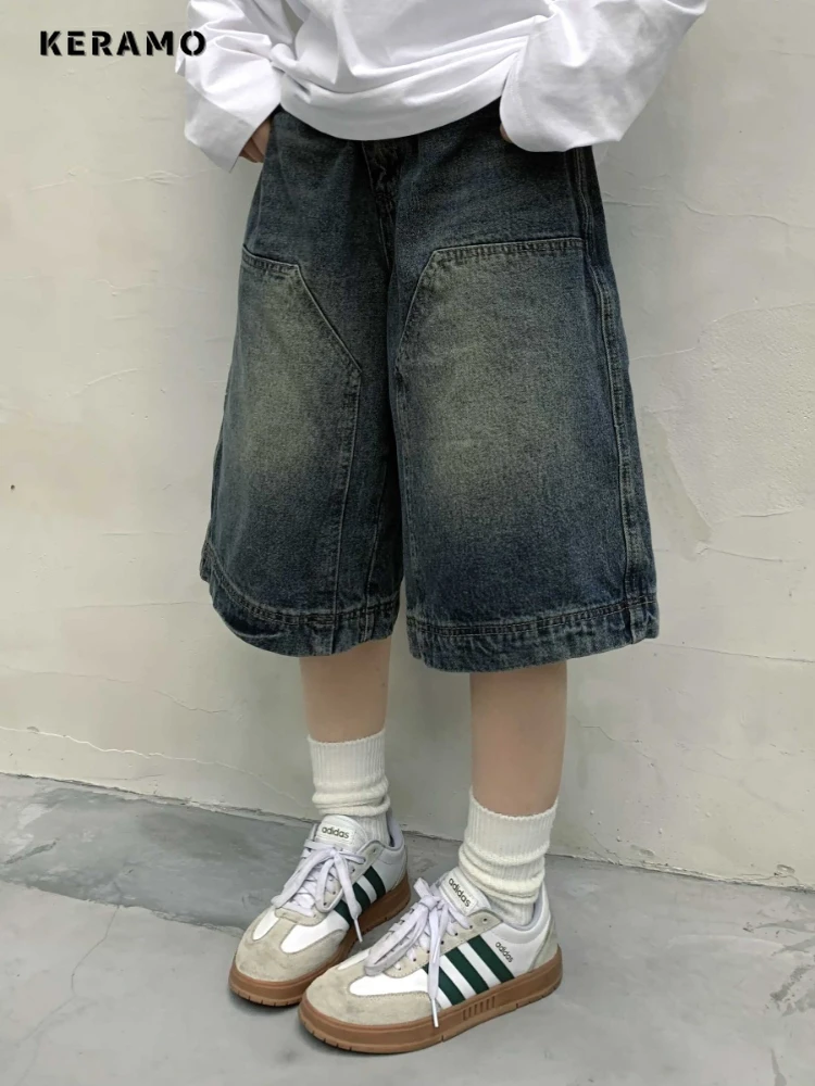 

Keramo Y2k Vintage Baggy Jorts Women Wide Leg Knee Length Jeans Korean Streetwear Casual Oversize Washed Denim Shorts Summer