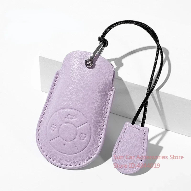 For ORA  Cat 2022 2023  Off White + Taro Purple Goat Skin Leather Car Remote Key Case Cover Keychain Accesorios