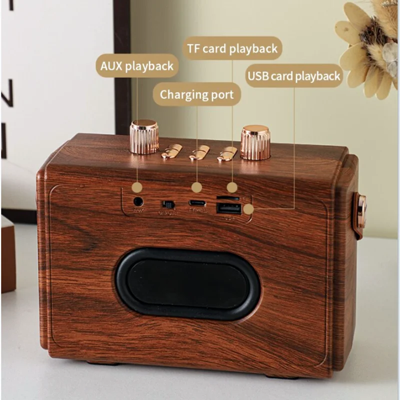 Portable Bluetooth Wireless Speaker Home Theater Sound System  Retro Wooden Speaker with microphon K song set support USB TF AUX