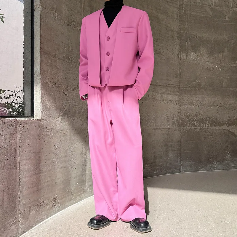 

Spring Youth Pink No-Collar Men's Suit Set Korean Sle Wide-Leg Pants Tee-Button Single Row Casual Faion Regular Fit