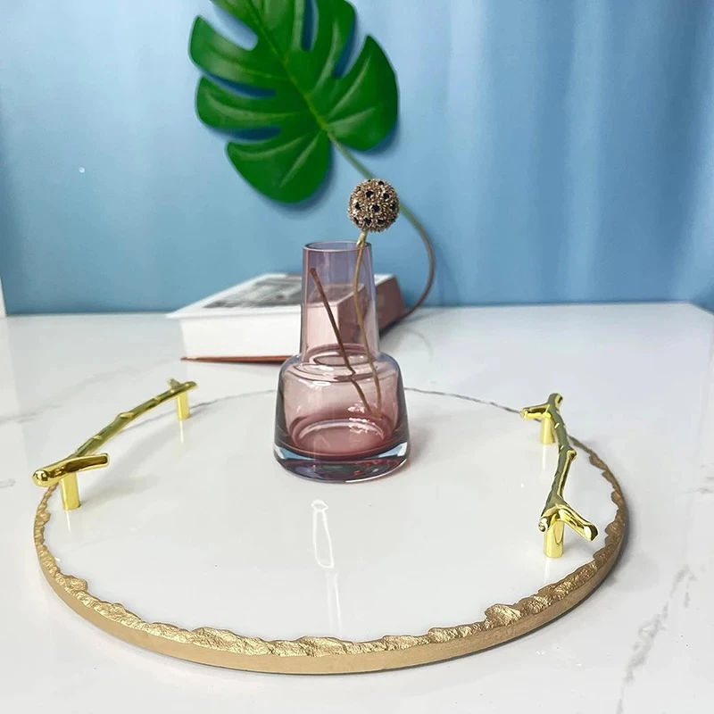

Luxury Gold Trim Marble Tray - Vanity Jewelry Organizer, Desk & Dresser Decor with Handles