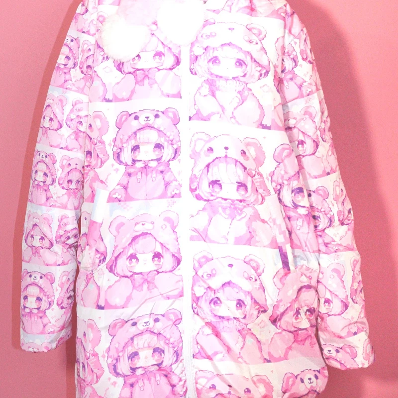 Original Design Cartoon Anime Print Stand Collar Women's Cotton Jacket Winter New Loose Down Coat Cute Thickened Coats Ladies