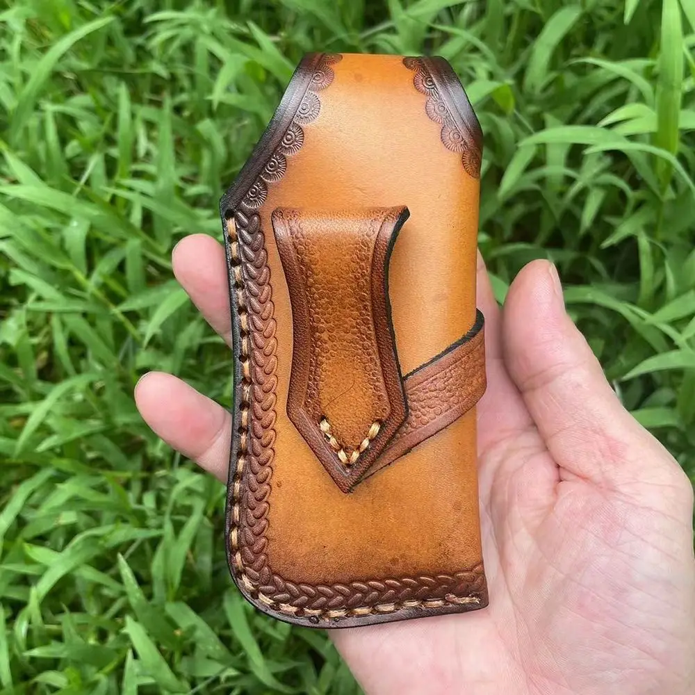 Brown Fold Knife Outdoor Carry Bag Two Layer Cowhide Scabbard Tool Leather Sheath Pocket Hunt Holder Camping Equipment Tool