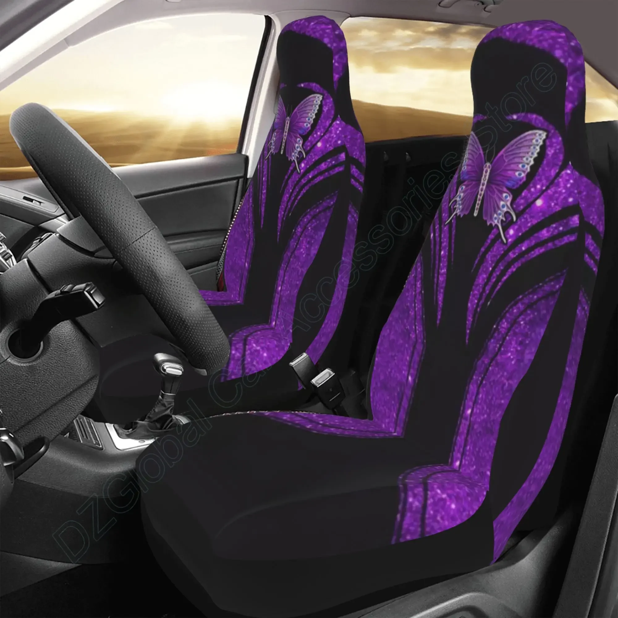 2 Piece Butterfly Print Fashion Car Front Seat Covers Women Lady Universal Fit Ultra Soft Auto Seat Cover Front Seats Purple