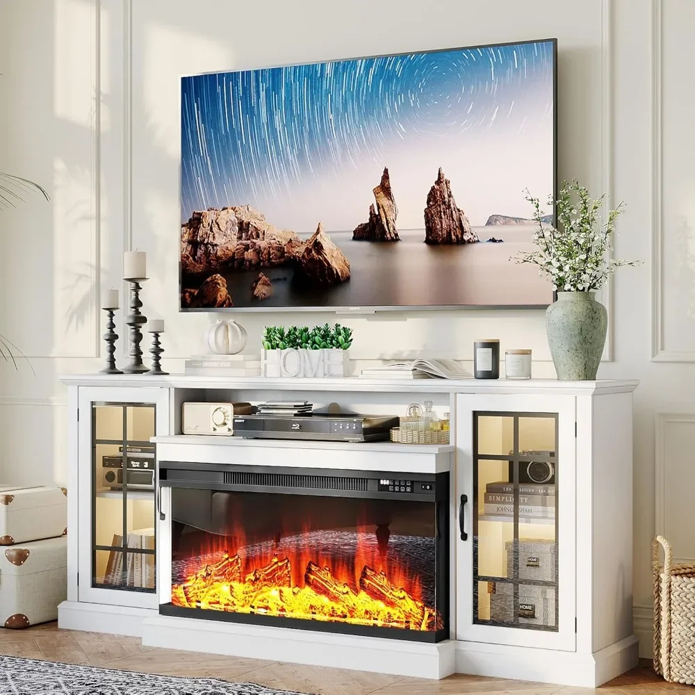 

70" Fireplace TV Stand with 3-Side Glass 36" Electric Fireplace for TVs up to 80", Rustic Media Entertainment Center with LED Li