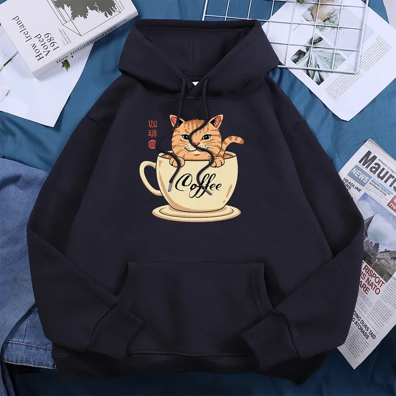 Japanese Harajuku coffee cup cat mens hoody fleece warm sweatshirt autumn pocket hoodies oversized casual soft female streetwear