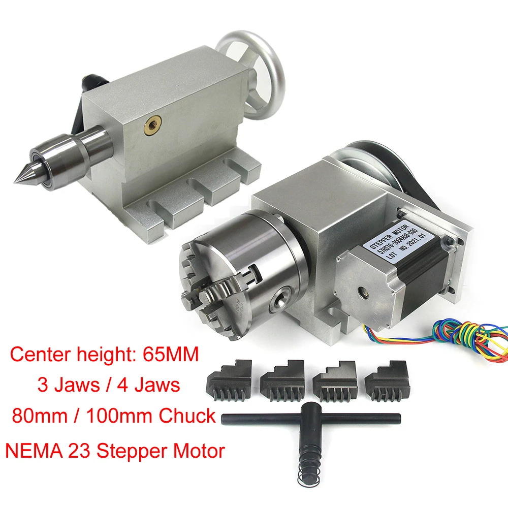 2026Center Height 65MM 4 Axis Tailstock 4th A Axis Rotary Axis 3/4-jaw 80mm 100mm Chuck CNC Indexing Head NEMA 23 57 Stepper
