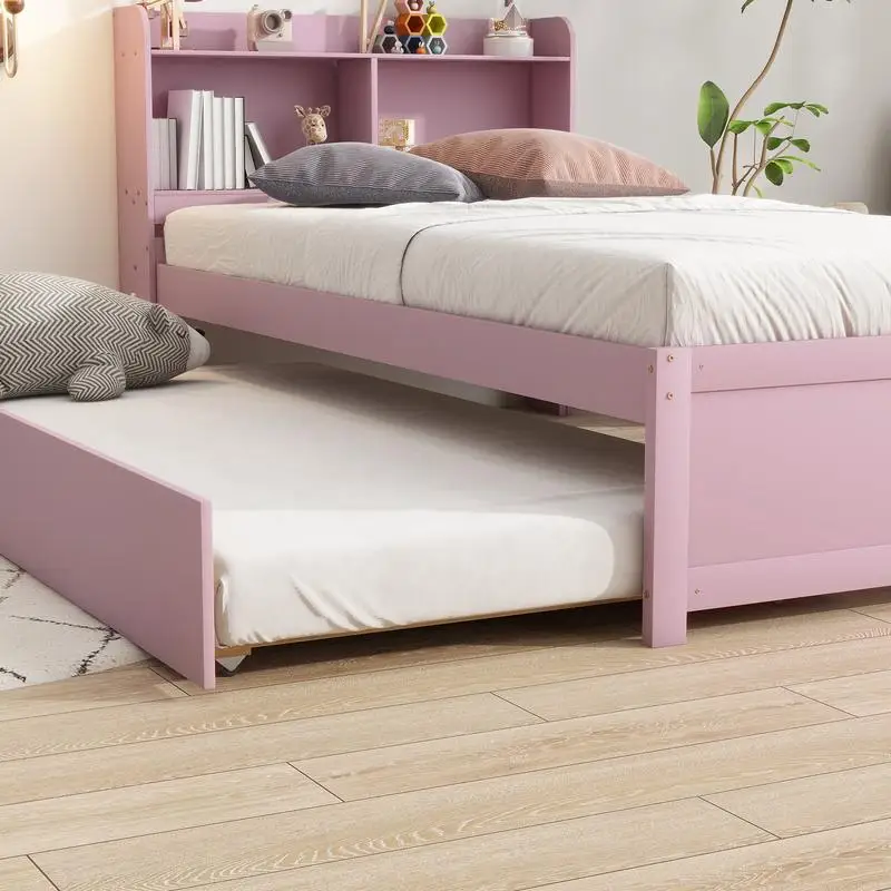 Letto singolo rosa con rotelle e libreria