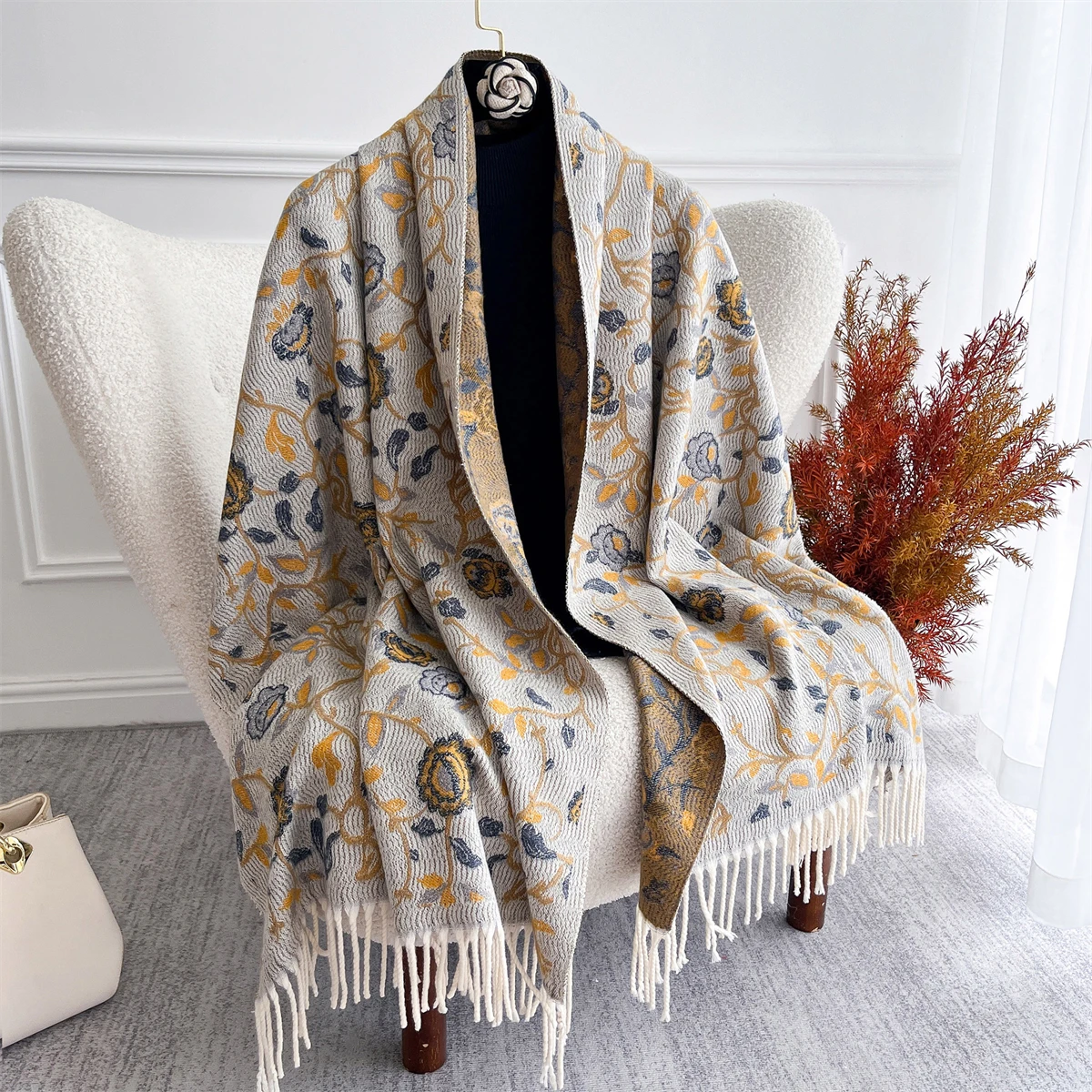 [T854] nuevo invierno cálido bufanda gruesa Jacquard al aire libre mujeres viaje Cachemira borlas chales cuello envuelve Pashmina Foulard de lujo