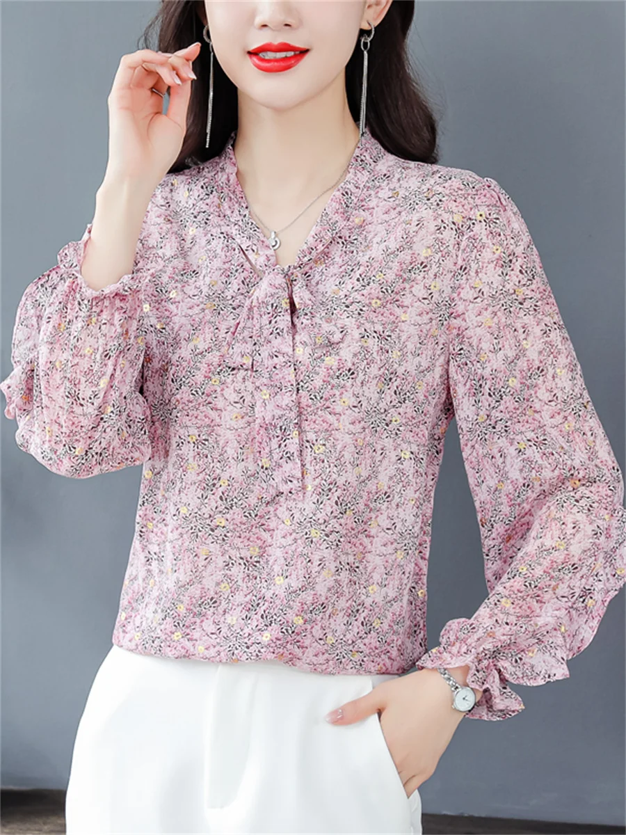 Women Spring Autumn Style Chiffon Blouses Tops Lady Casual Long Sleeve Bow Tie Collar Flower Printed Blusas Tops DF4355