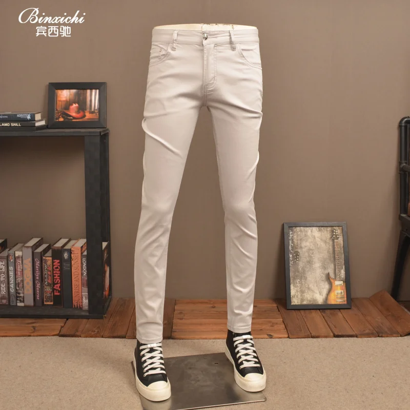 

Летние тонкие светло-серые джинсы мужские стрейч, маленькие ножки, высококачественные стираные, повседневные, универсальные летние мужские брюки