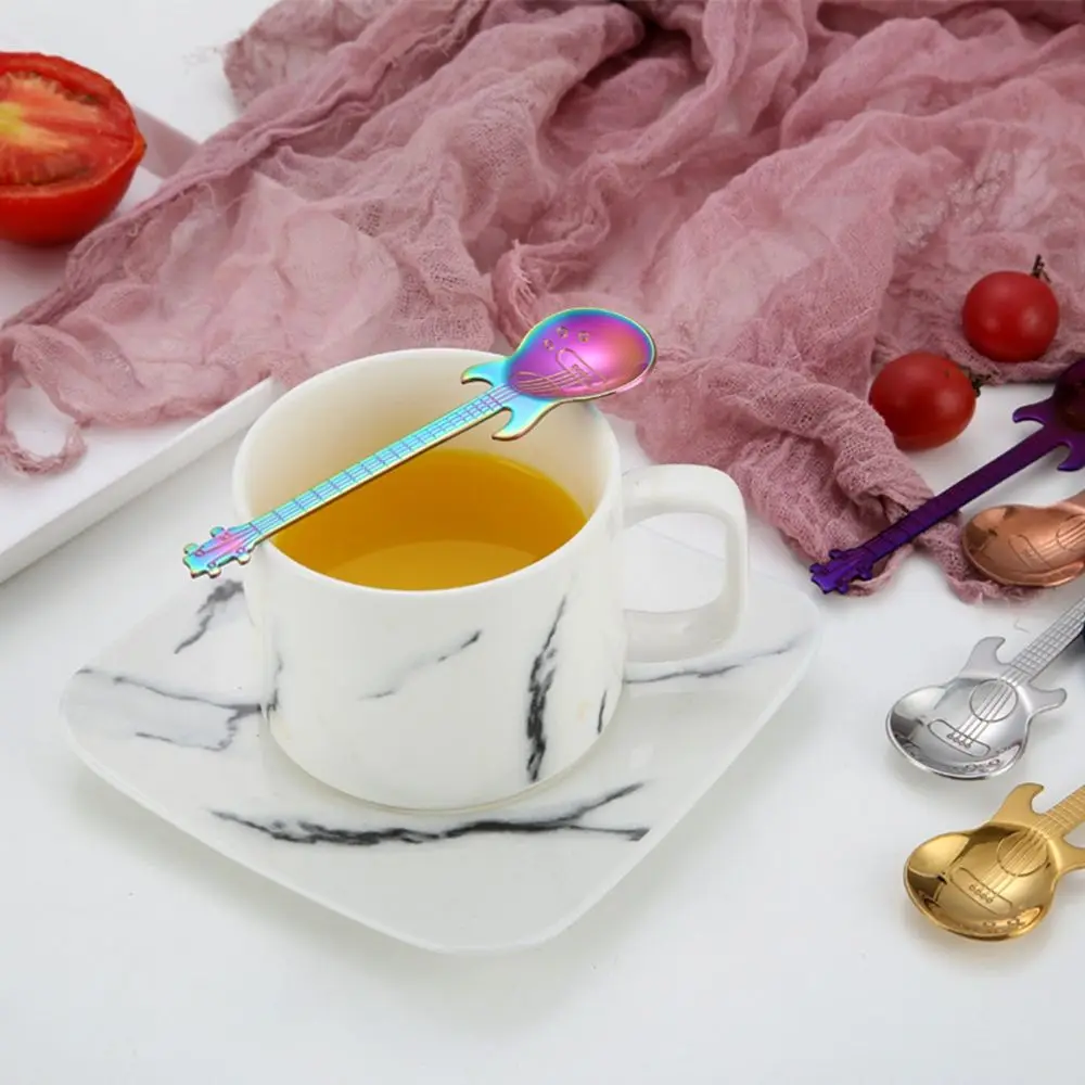 Cute Rose gold Guitar Shaped Black Tableware Stirring Teaspoon Flatware Drinking Tool Coffee Spoon