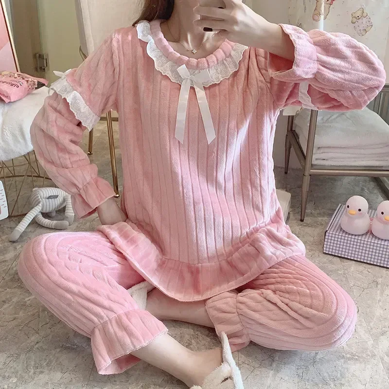 

Fashion Woman Mujer Autumn Women Flannel Home Cloth Thicken Pajama Pijama Set Lace Sleepwear Pajamas Warm Pyjamas Winter