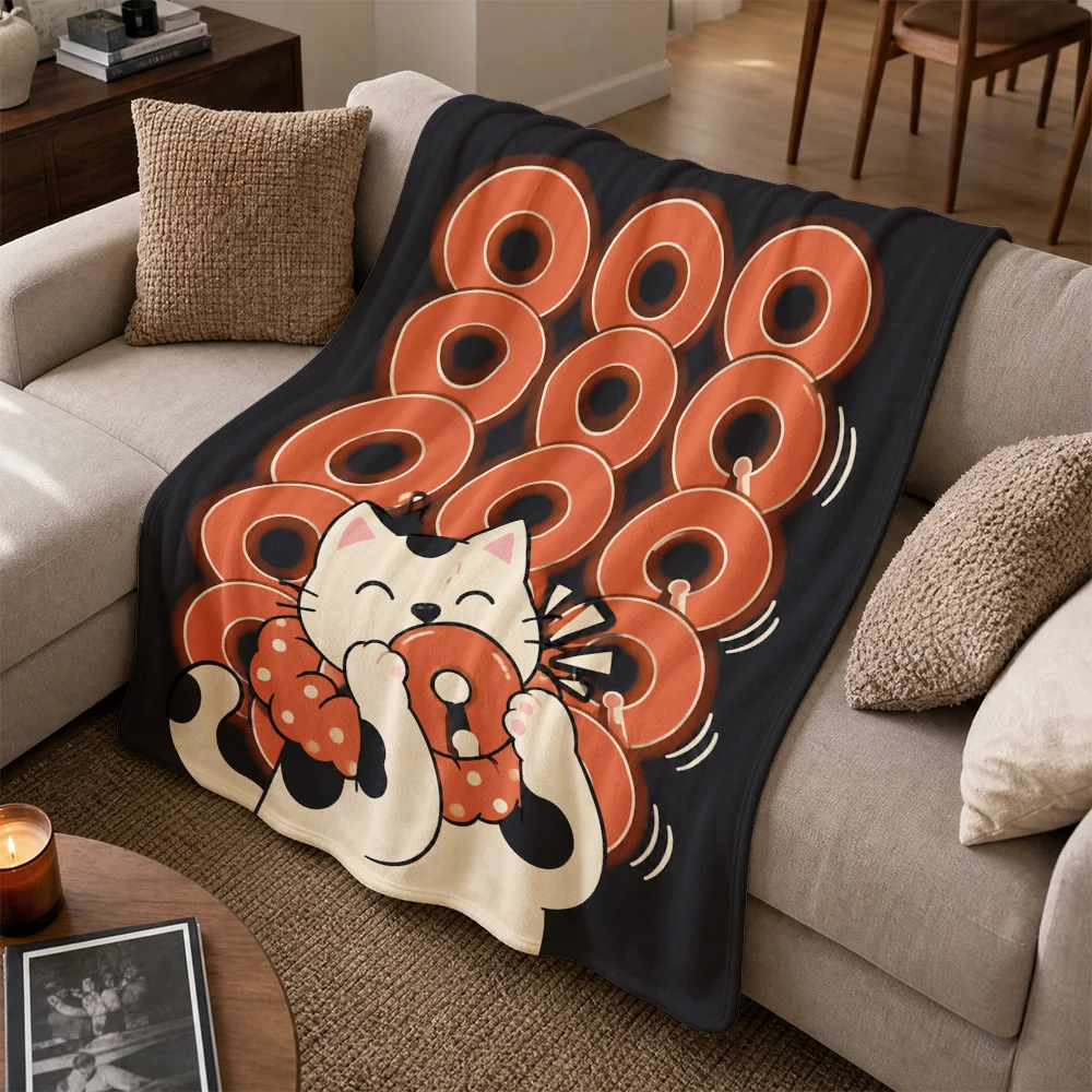 Kawaii Cat Donut Throw Blanket Fleece Sofa Couch Cover Warm Gift Cute Animal Print Novelty Throw Decor Winter Home Decor