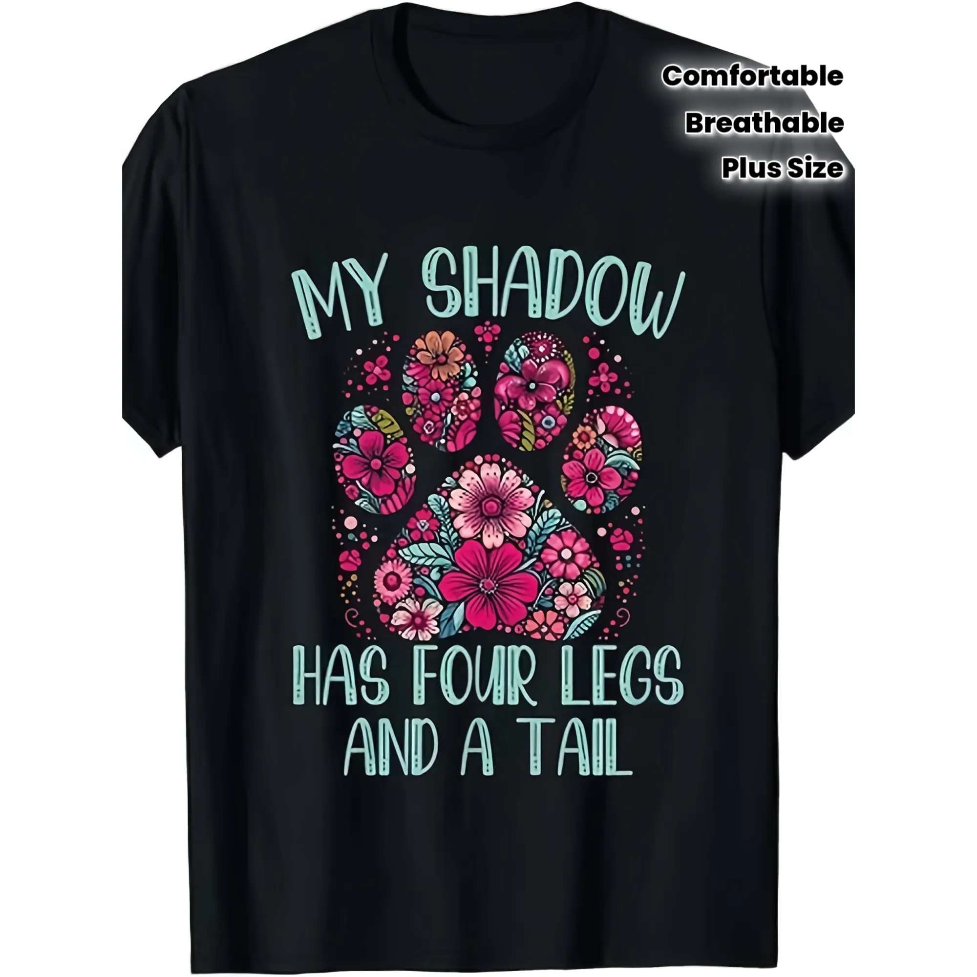 Floral Paw Print Shadow Dog Lover Graphic Tee Unisex Cotton Crew Neck T-Shirt Casual