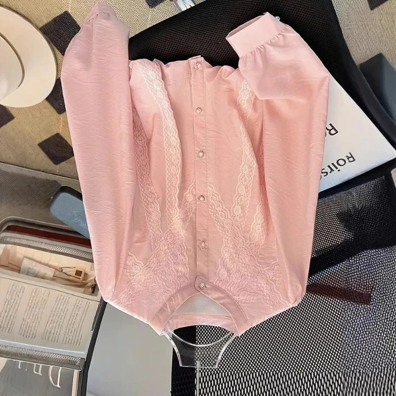 French Lace Splicing Long-sleeved Shirt Women's Early Spring New Foreign Style Round Neck Chic Top Temperament Versatile Shirt