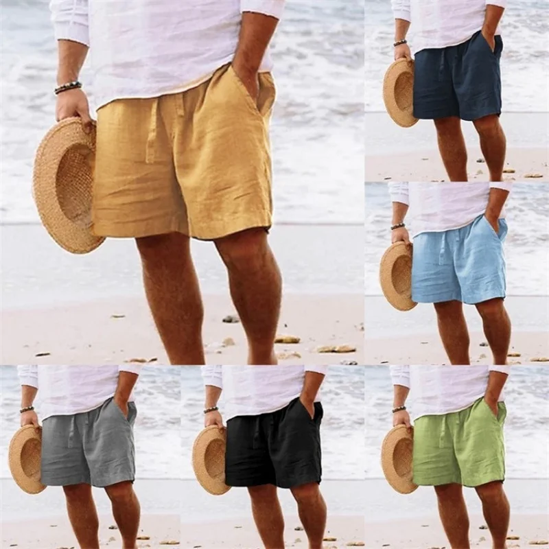 

2025 Summer New Men Solid Color Cotton and Hemp Shorts Outdoor Sports Running Comfortable Breathable Surfing Beach Shorts